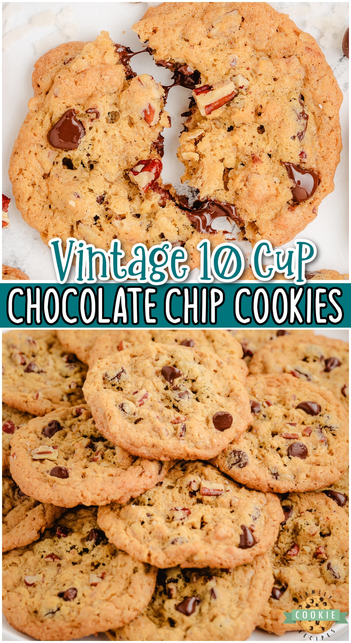 10-cup Cookies are made with 1 cup each of a variety of ingredients - oats, peanut butter, pecans, coconut and more! These chocolate chip pecan cookies are fully loaded and so tasty!