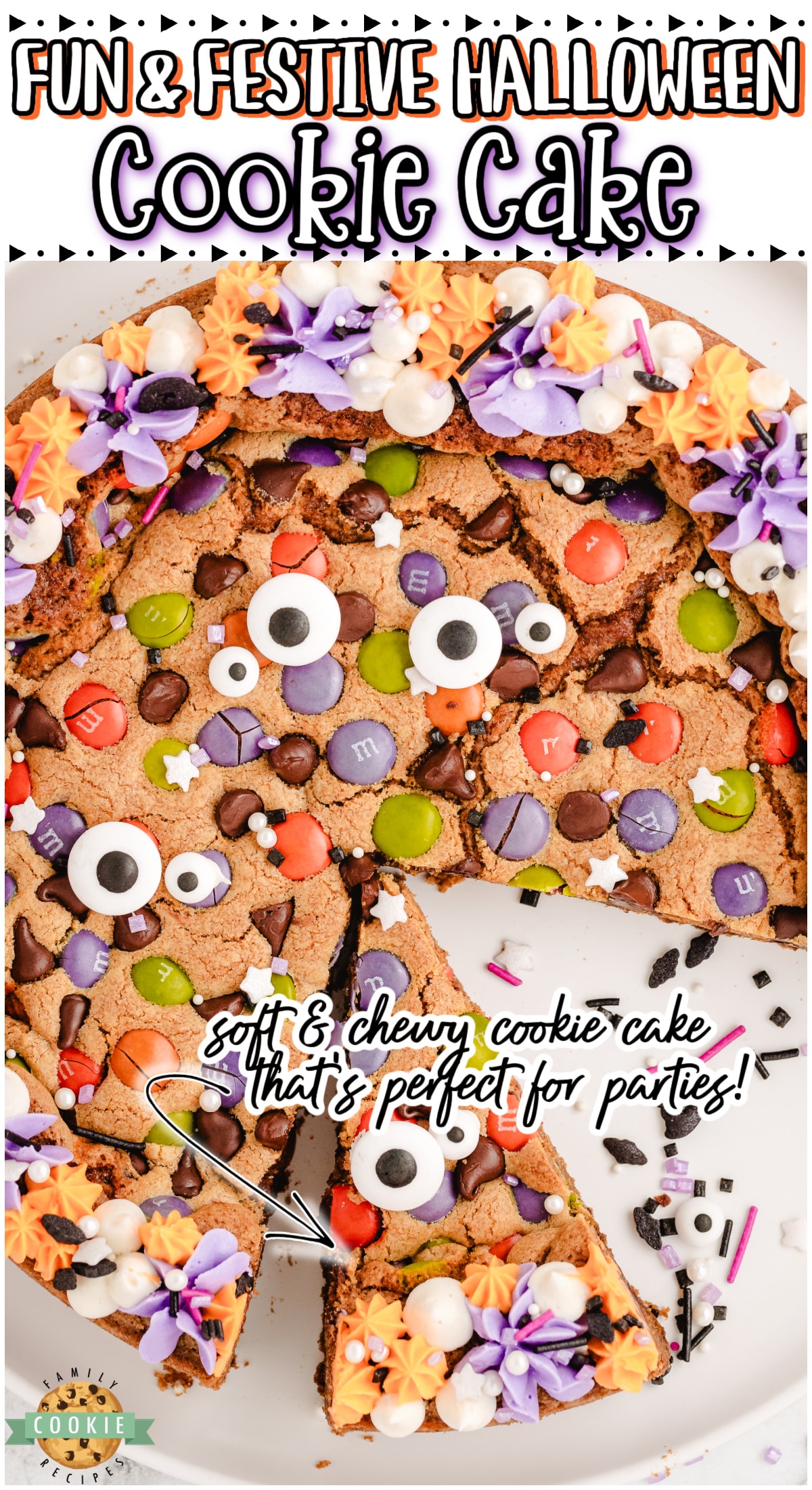 Halloween Cookie Cake that's a fun holiday dessert topped with festive candies & colors! Soft, chewy chocolate chip M&M cookie cake decorated with sprinkles for a perfect Halloween treat!