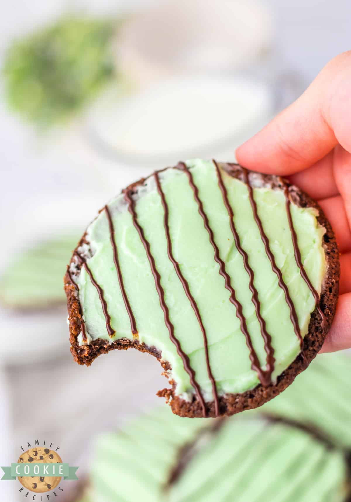 Chocolate cookies with mint frosting. 