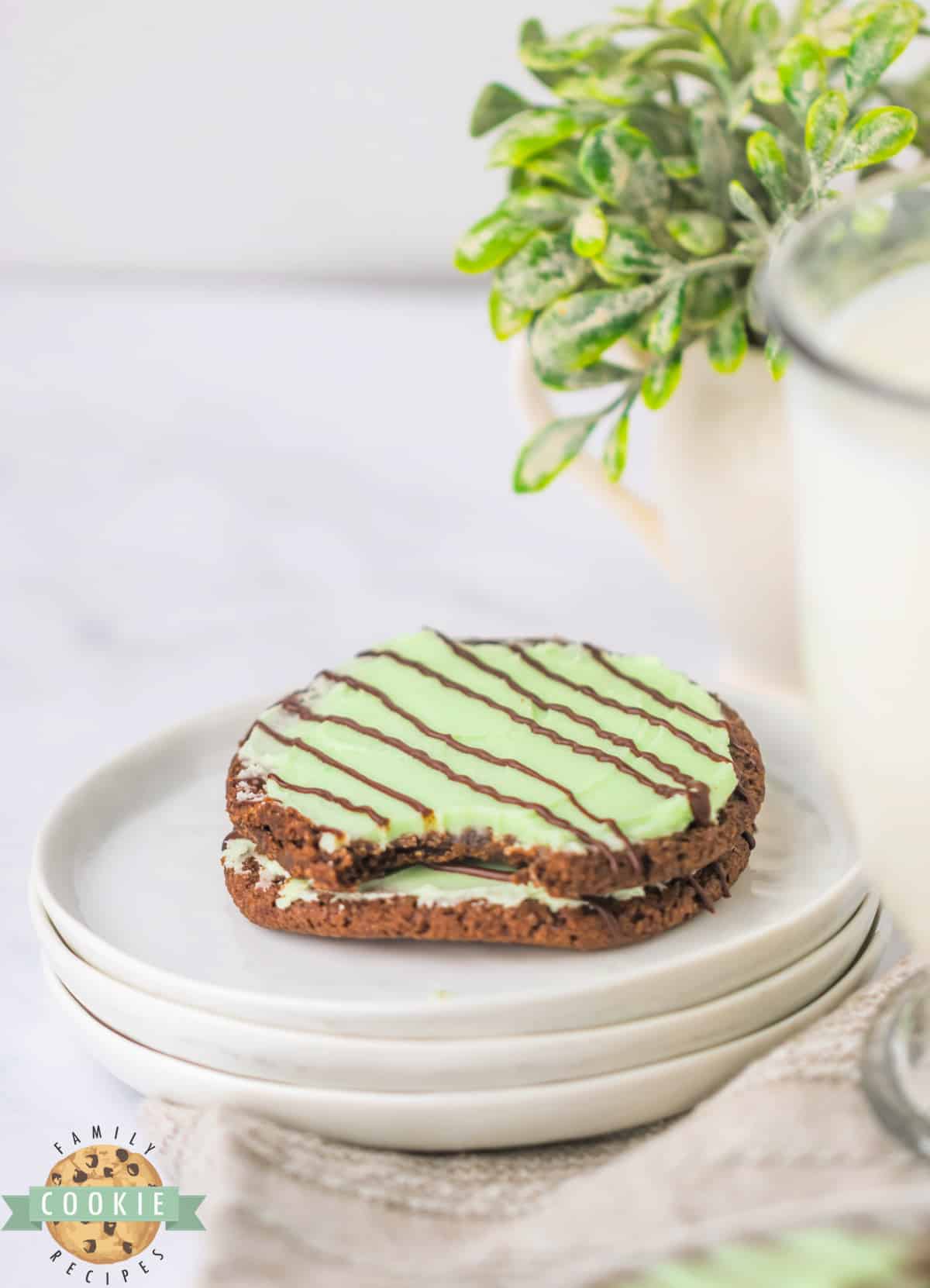 Chocolate cookies with mint frosting and chocolate drizzle. 