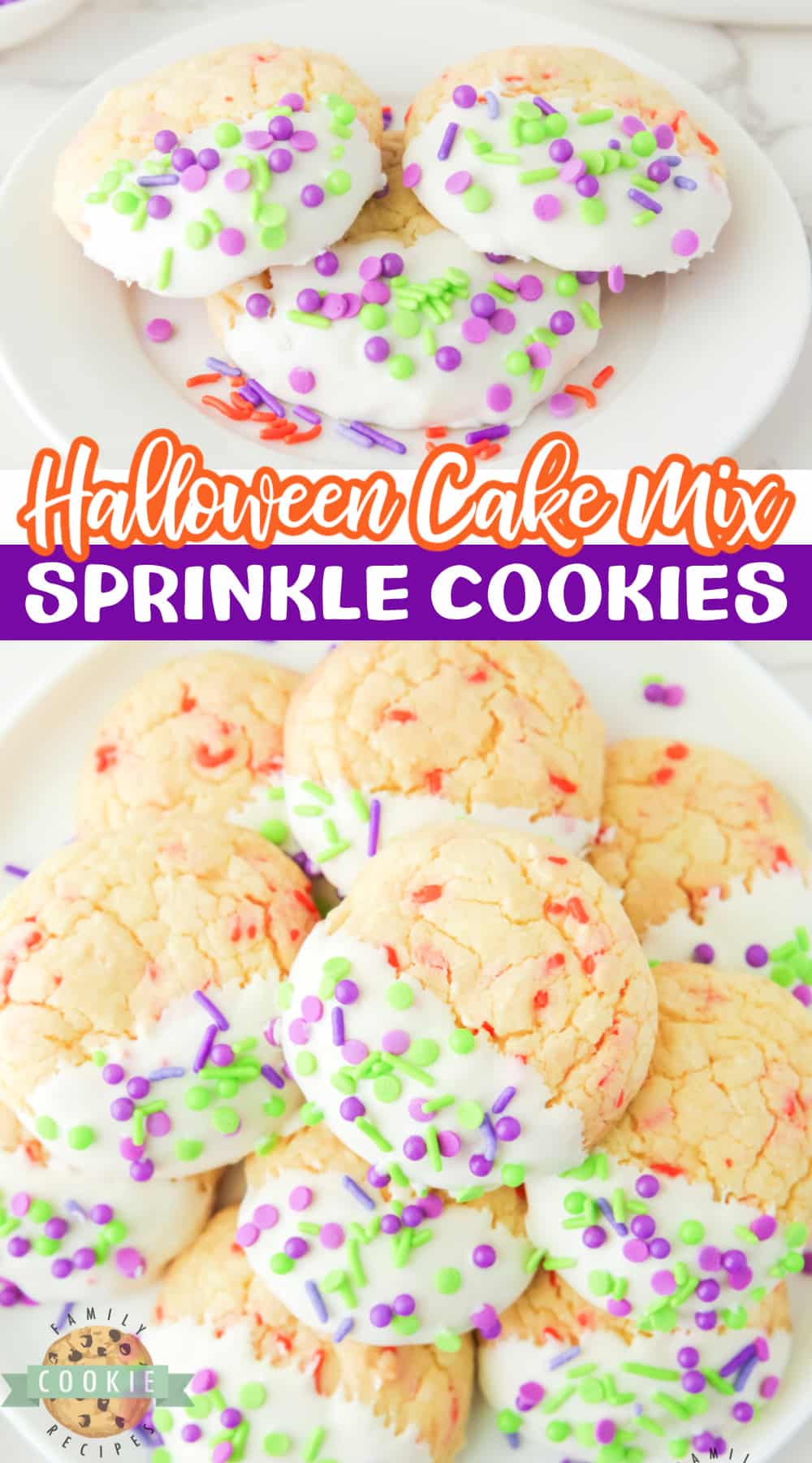 Halloween Cake Mix Sprinkle Cookies are easy to make and perfectly festive for Halloween. Use a cake mix, vanilla frosting, and colorful sprinkles to make these simple holiday cookies.