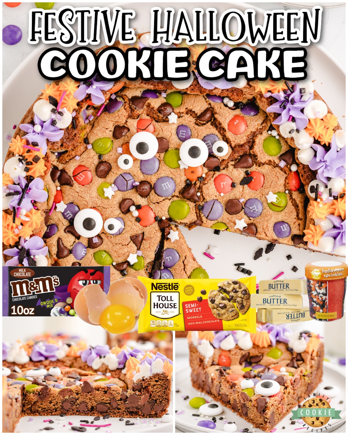 Halloween Cookie Cake that's a fun holiday dessert topped with festive candies & colors! Soft, chewy chocolate chip M&M cookie cake decorated with candy eyeballs for a perfect Halloween treat!