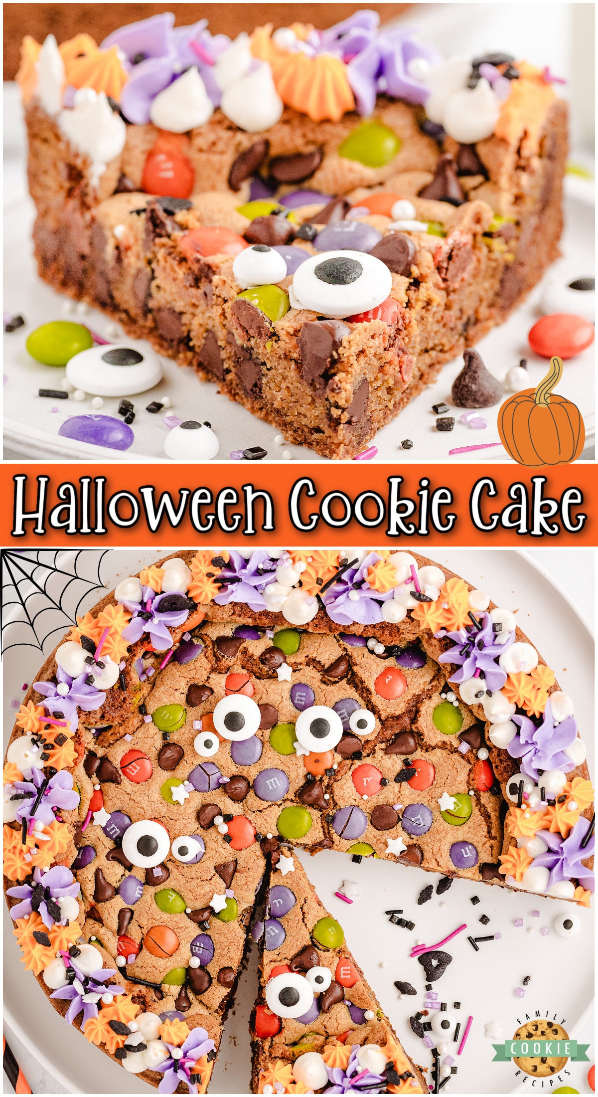 Halloween Cookie Cake that's a fun holiday dessert topped with festive candies & colors! Soft, chewy chocolate chip M&M cookie cake decorated with candy eyeballs for a perfect Halloween treat!