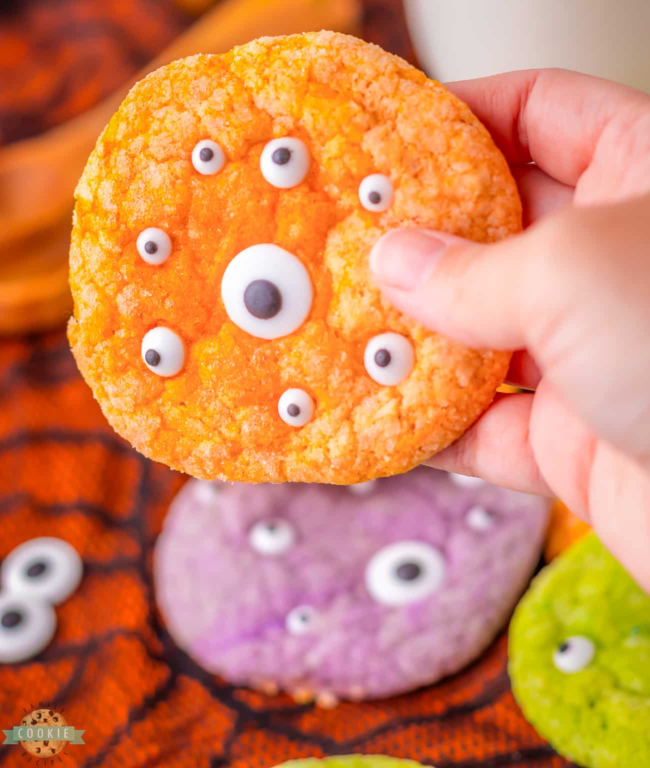 orange Jello cookie with candy eyeballs for Halloween