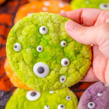 green Jello monster cookies with candy eyeballs