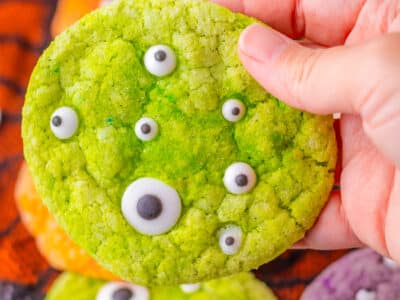 green Jello monster cookies with candy eyeballs