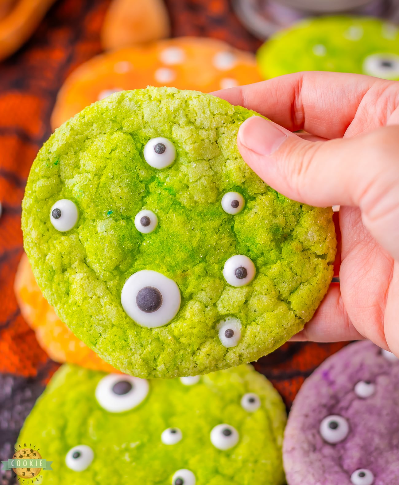 green Jello monster cookies with candy eyeballs