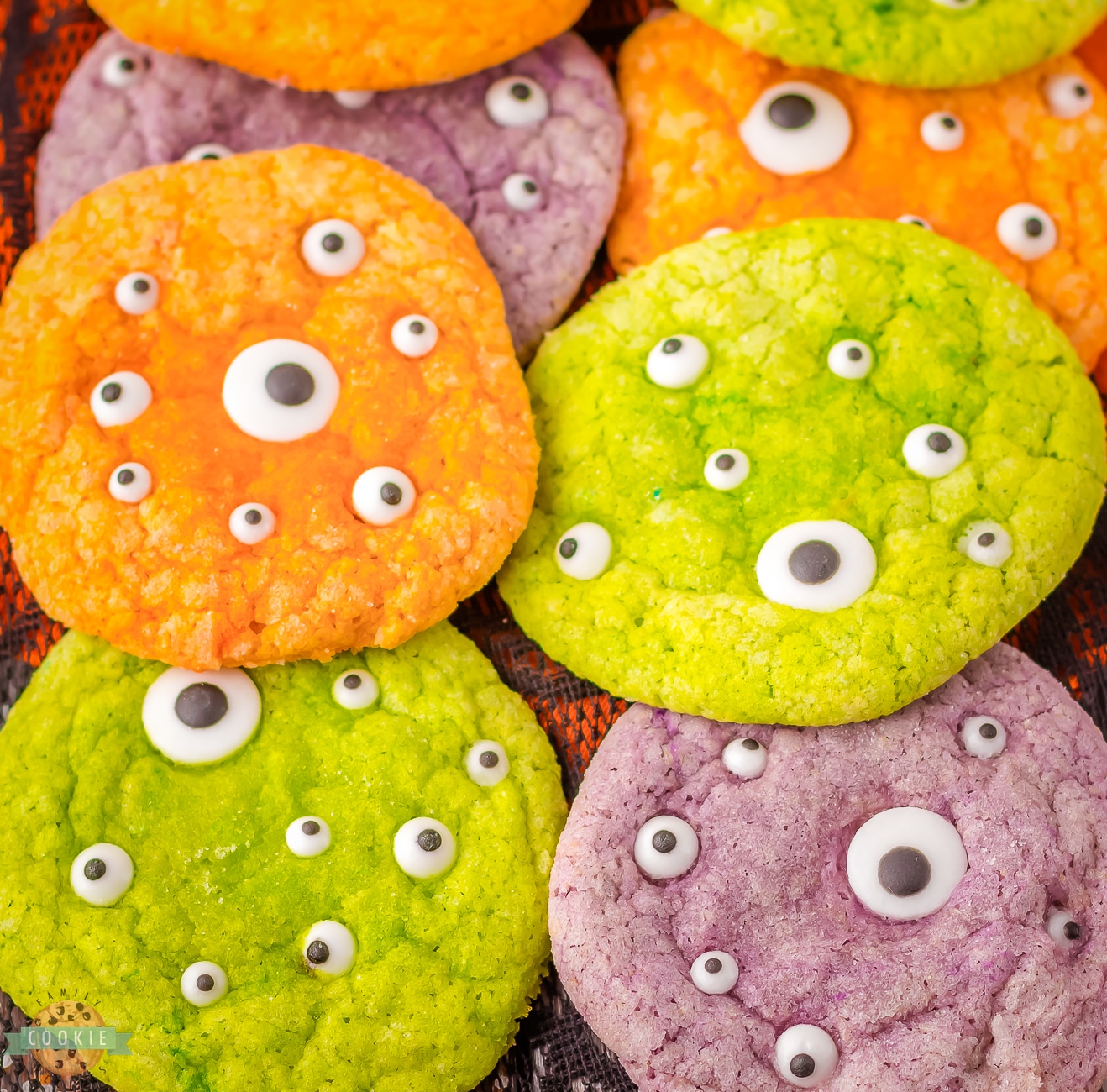 colorful Jello cookies made into monsters with candy eyeballs