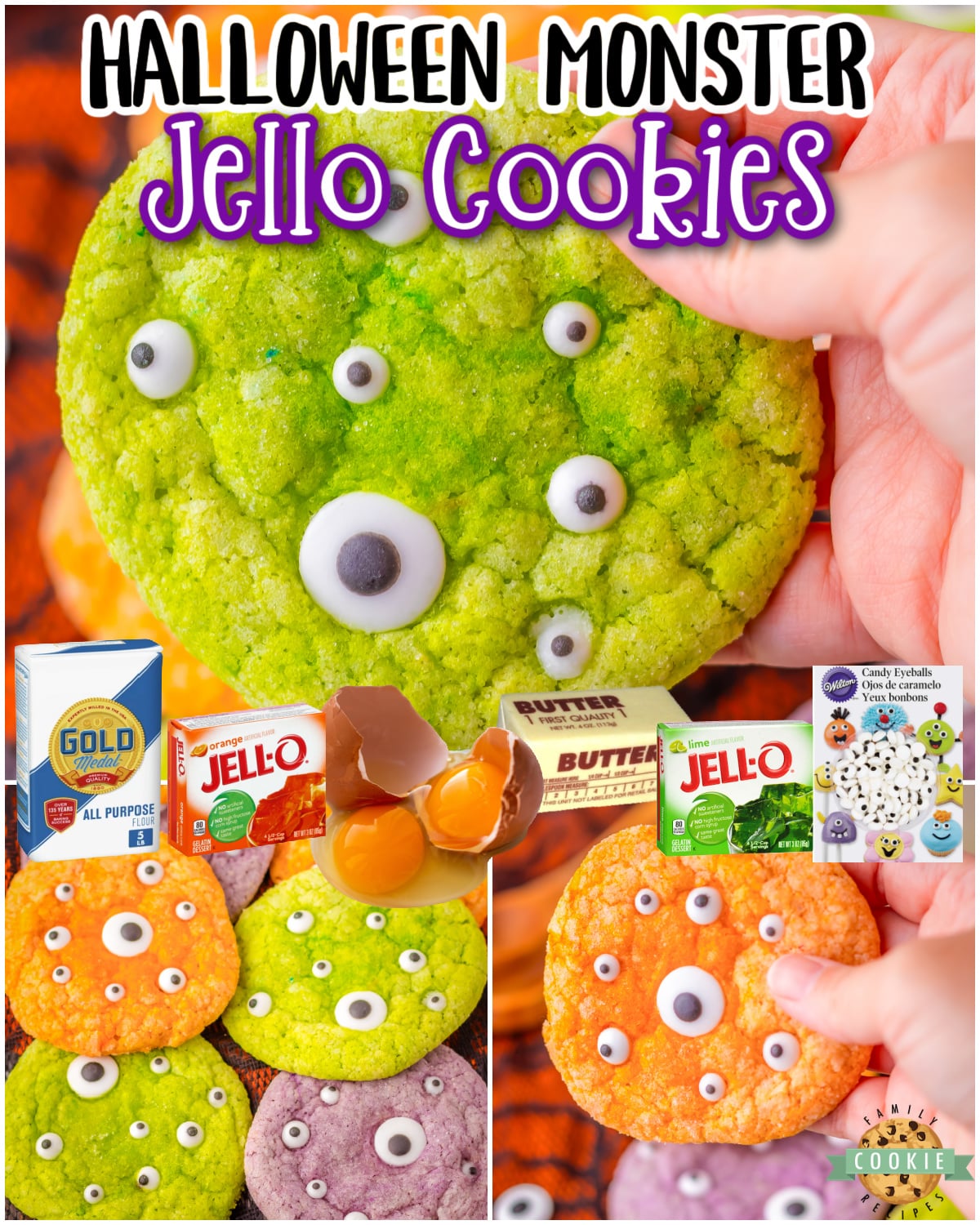 Colorful Monster Jello Cookies are a fun, festive Halloween treat. Chewy butter cookies with great Jello flavor are rolled in sugar and topped with candy eyes!