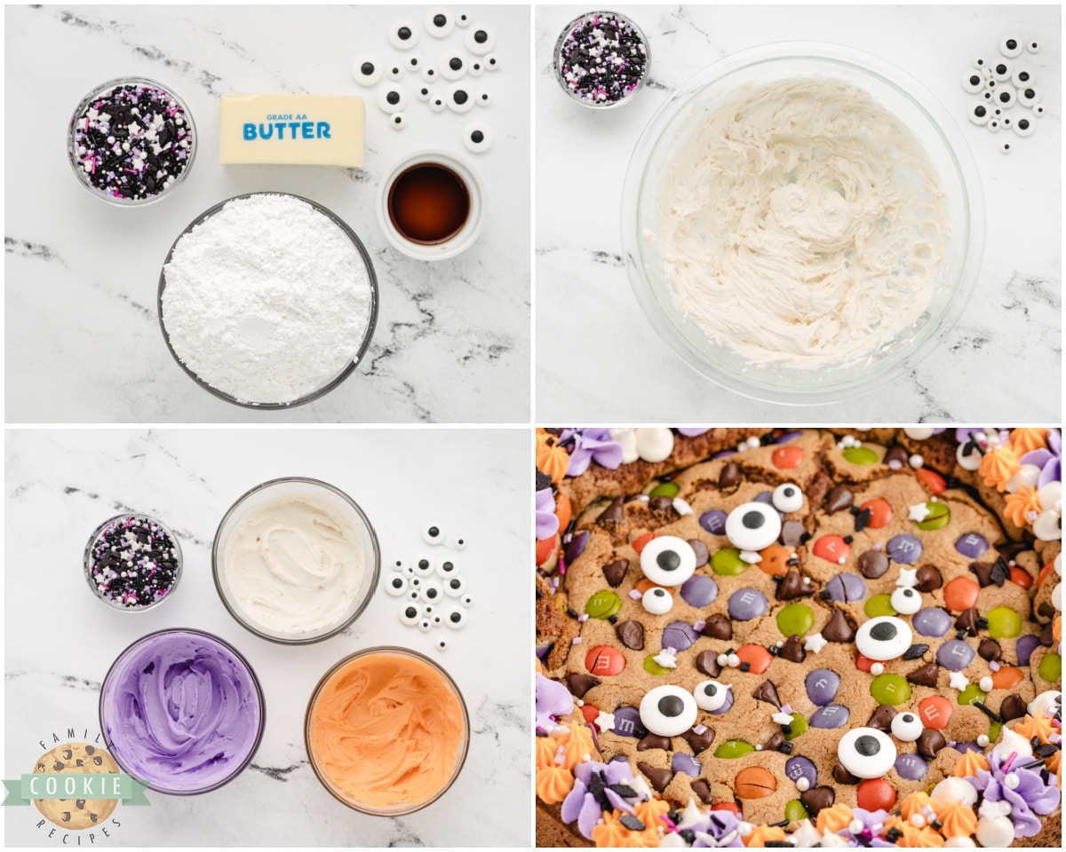 topping a cookie cake recipe with festive purple and orange frosting