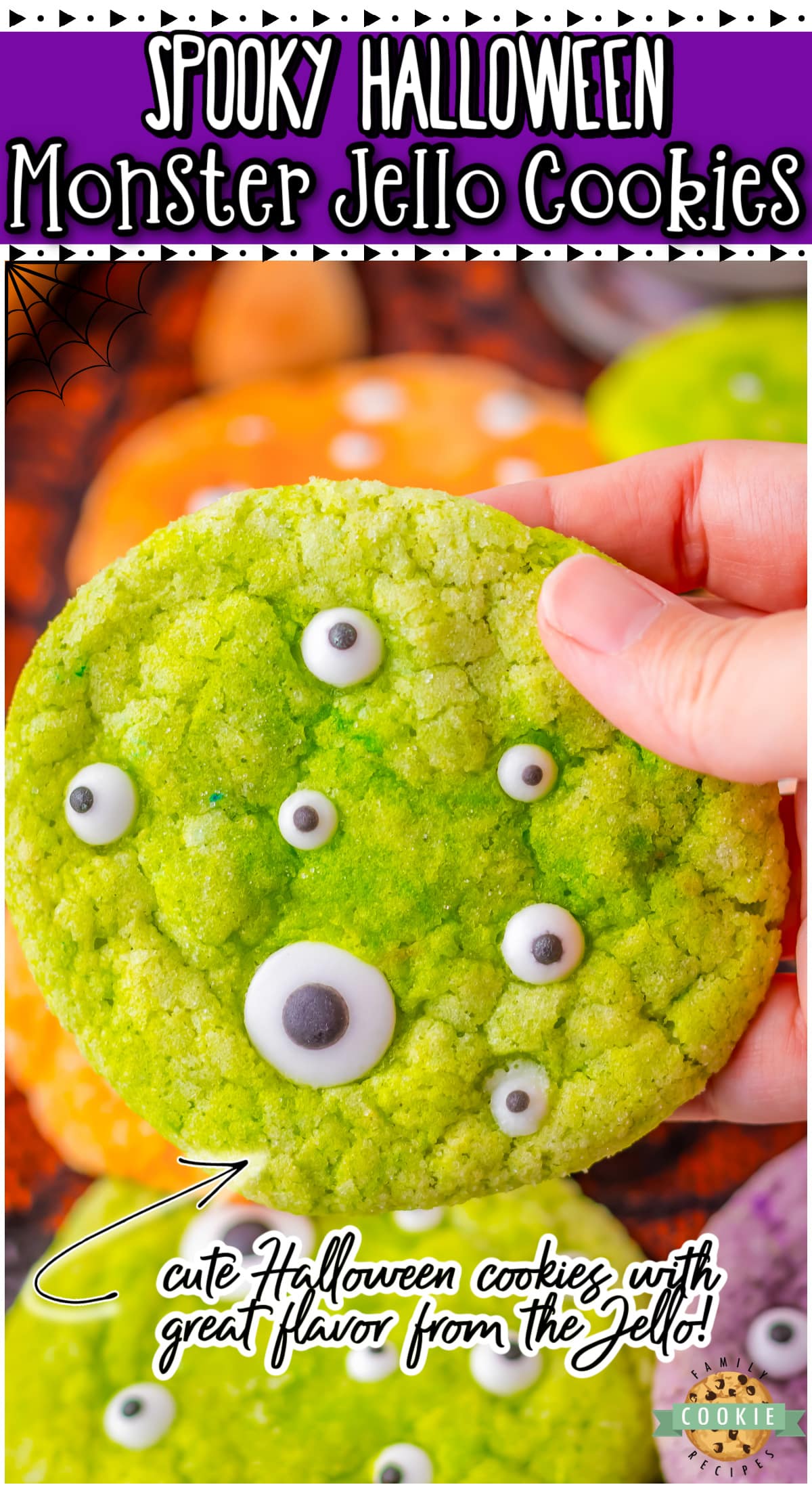 Colorful Monster Jello Cookies are a fun, festive Halloween treat. Chewy butter cookies with great Jello flavor are rolled in sugar and topped with candy eyes!