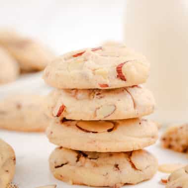 stack of buttery toffee almond sandies cookies