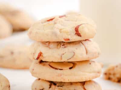 stack of buttery toffee almond sandies cookies