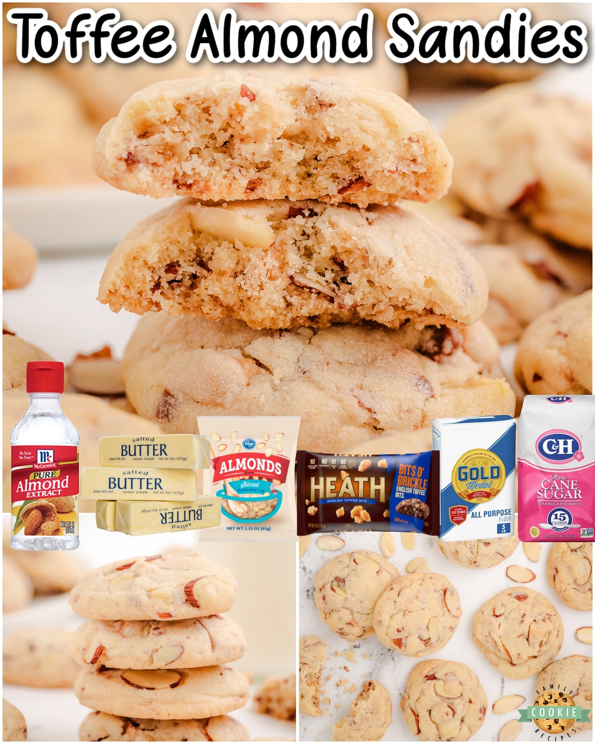 Toffee Almond Sandies are tender, buttery cookies with delightful flavor from almond extract, almonds and toffee bits! 