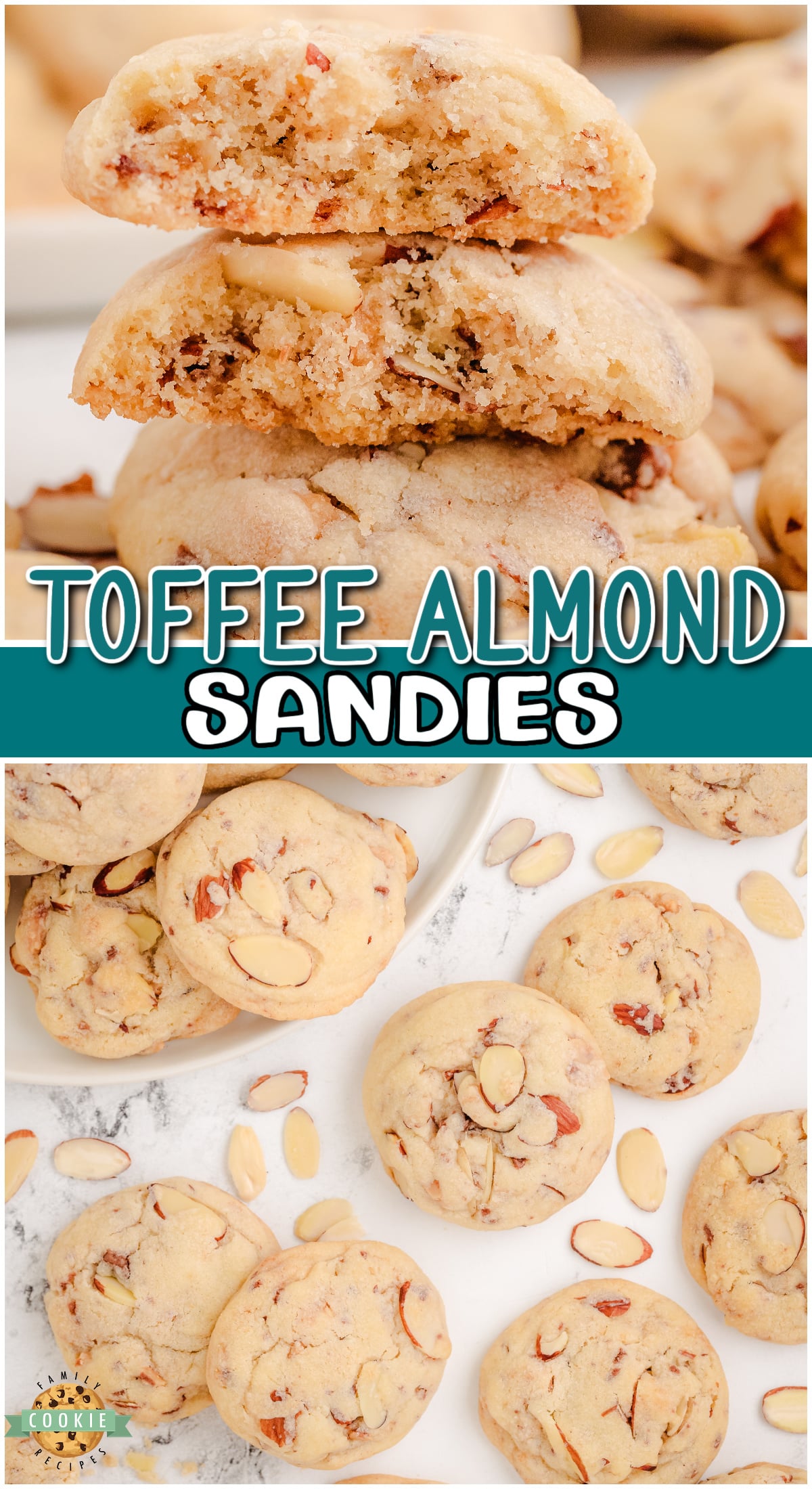 Toffee Almond Sandies are tender, buttery cookies with delightful flavor from almond extract, almonds and toffee bits! 