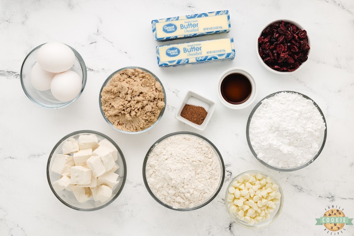 Ingredients in White Chocolate Cranberry Cookie Bars. 