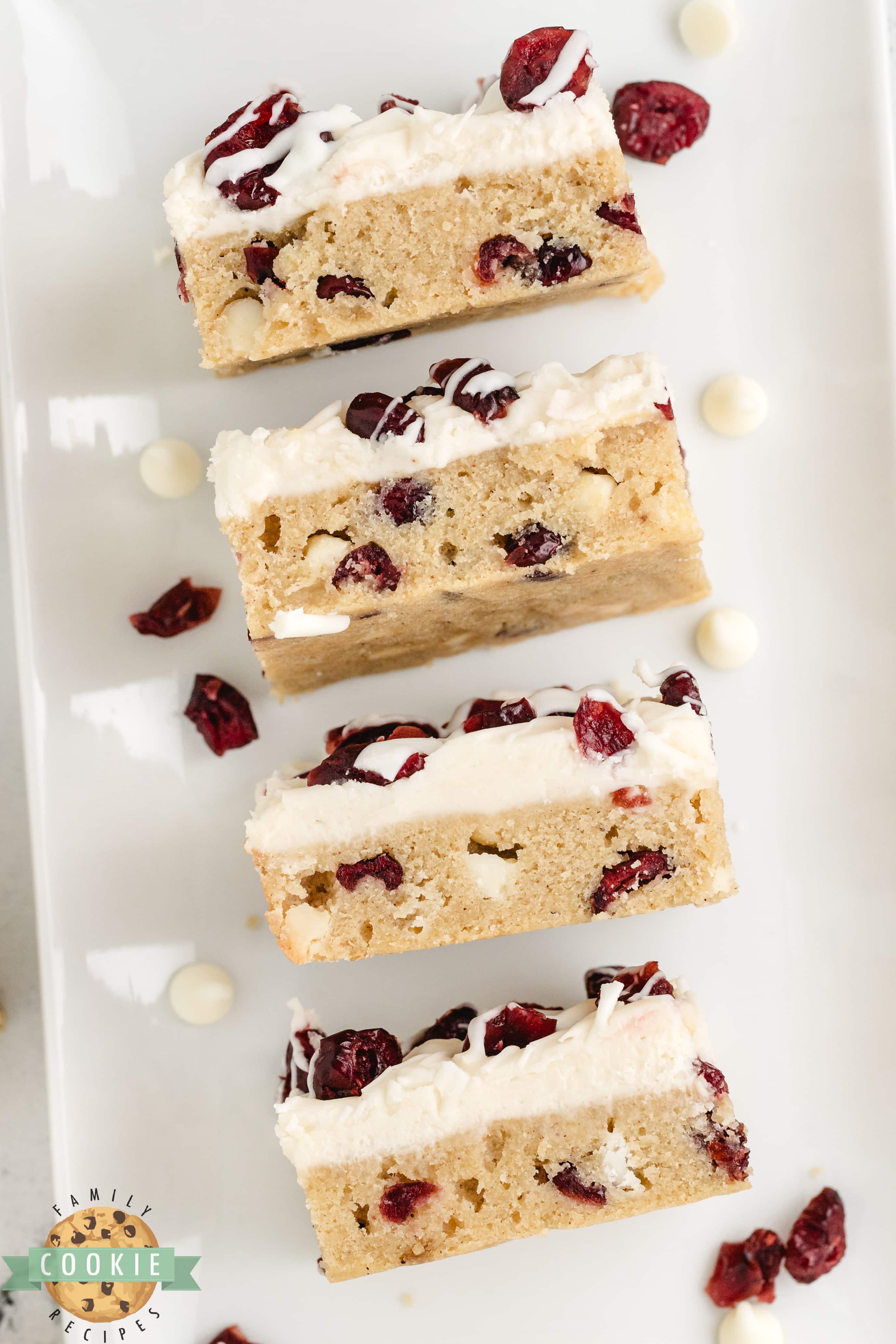 Thick and chewy cookie bars with dried cranberries and white chocolate chips. 