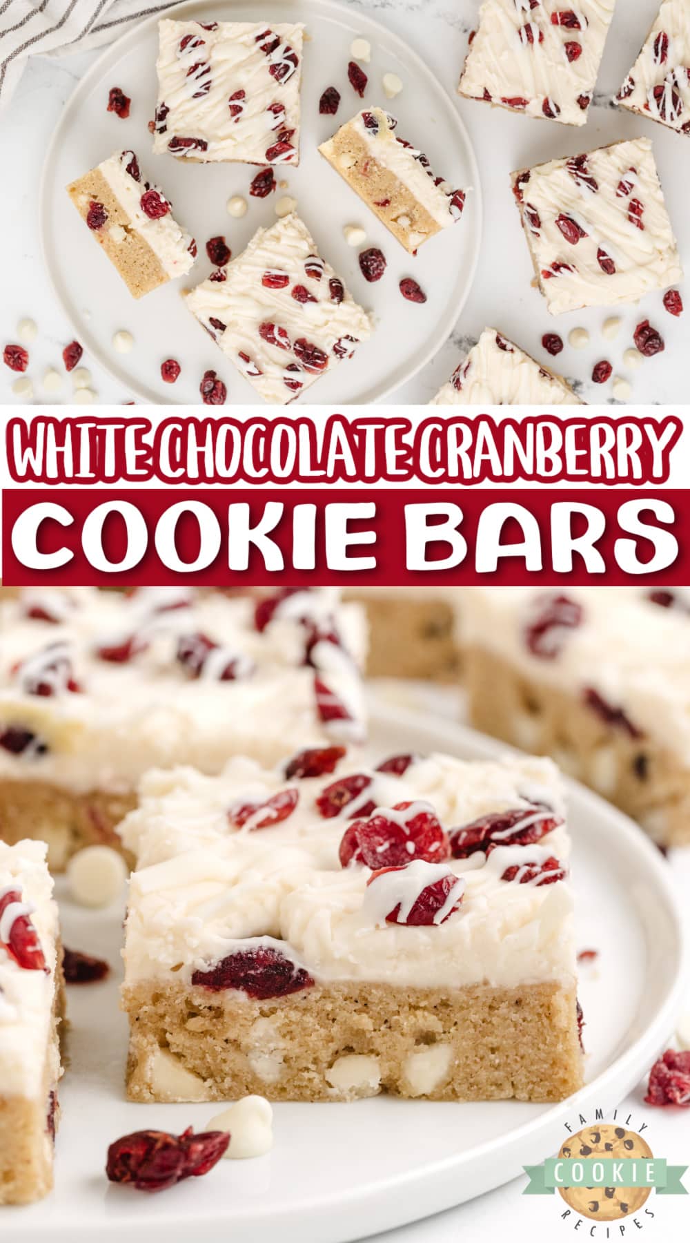 White Chocolate Cranberry Cookie Bars are soft, chewy, and covered with cream cheese frosting and a white chocolate drizzle. This is a fantastic cookie bar recipe that is perfect for fall!