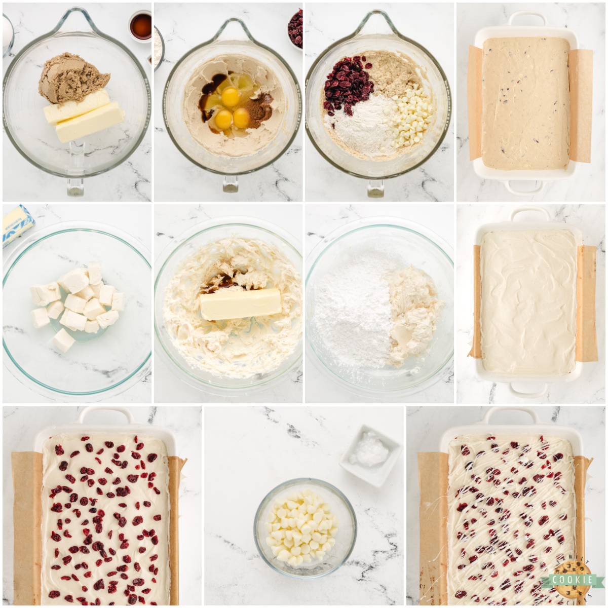 Step by step ingredients on how to make White Chocolate Cranberry Cookie Bars recipe.