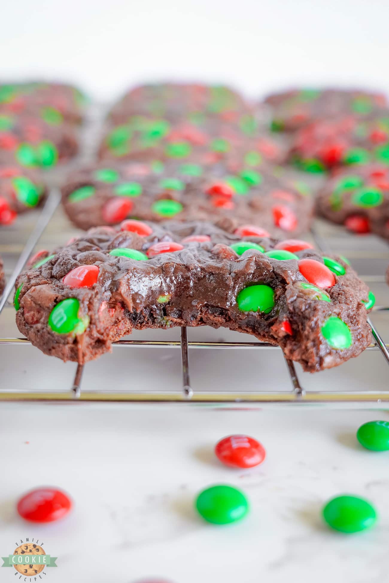 christmas brownie cookies topped with M&M candies