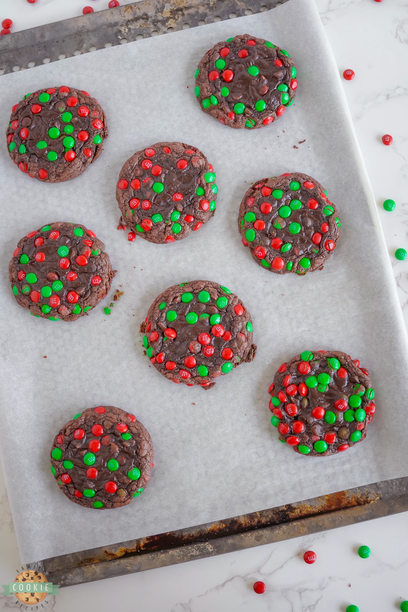 Christmas brownie cookies on a baking sheet