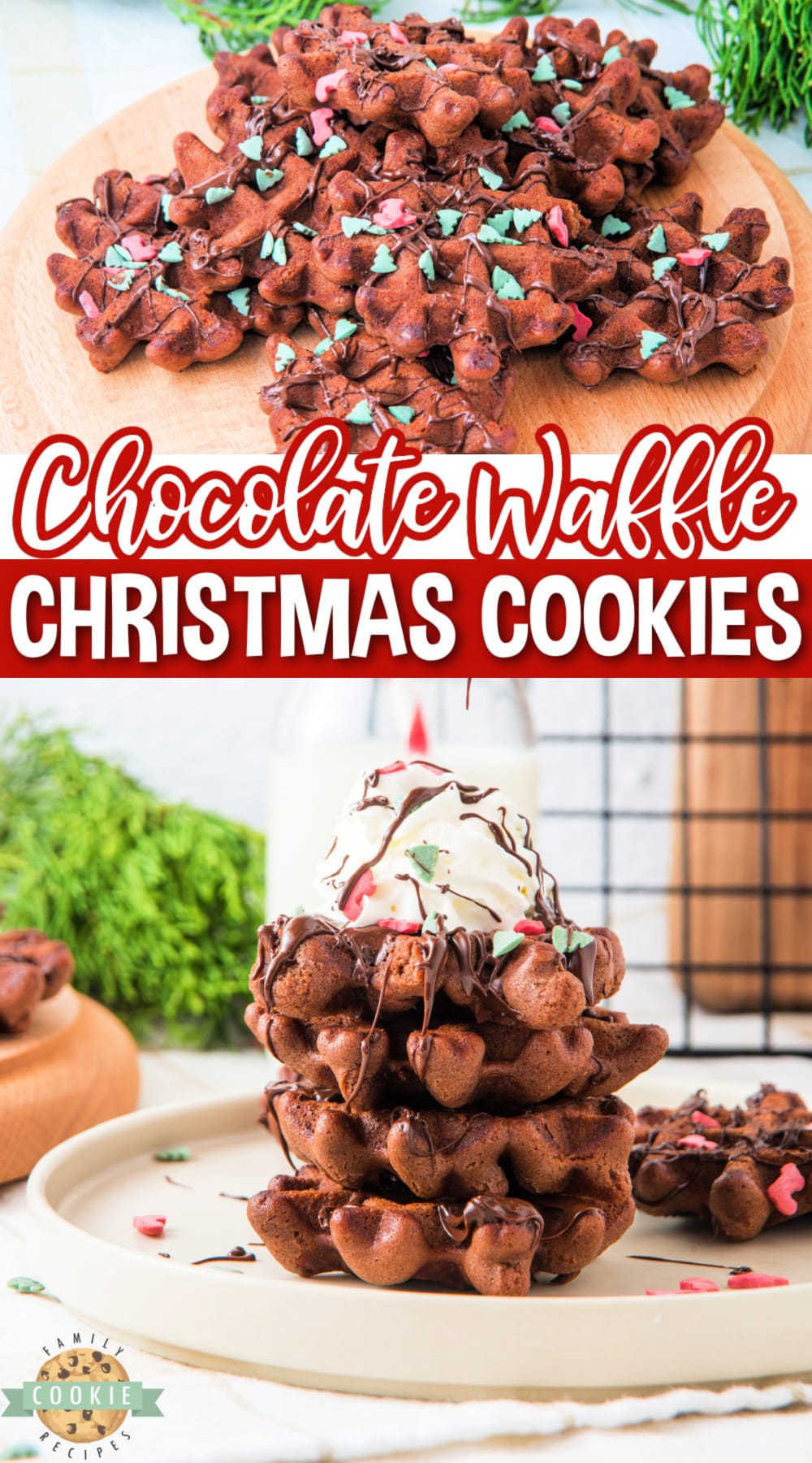 Christmas Chocolate Waffle Cookies are soft, fudgy, and easily made in a waffle maker! No oven is needed to make these delicious chocolate cookies with festive sprinkles. 