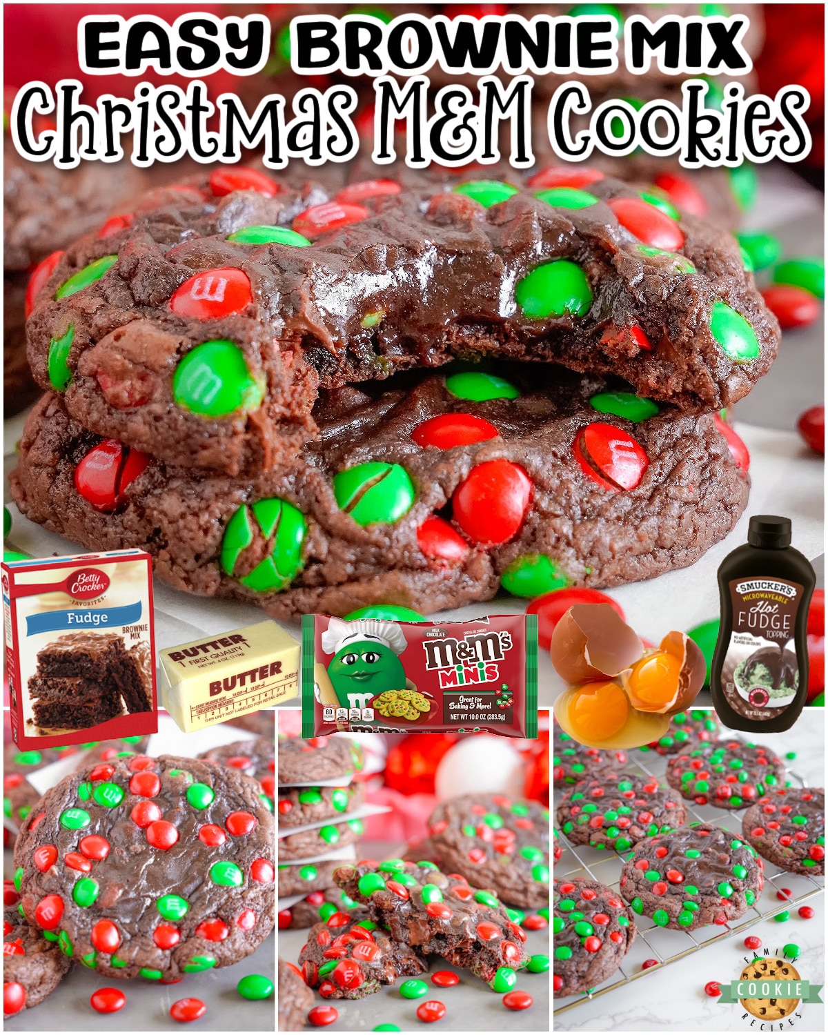 Christmas Brownie M&M Cookies are a festive twist on the classic made with a brownie mix, butter, eggs, chocolate chips and holiday candies! 