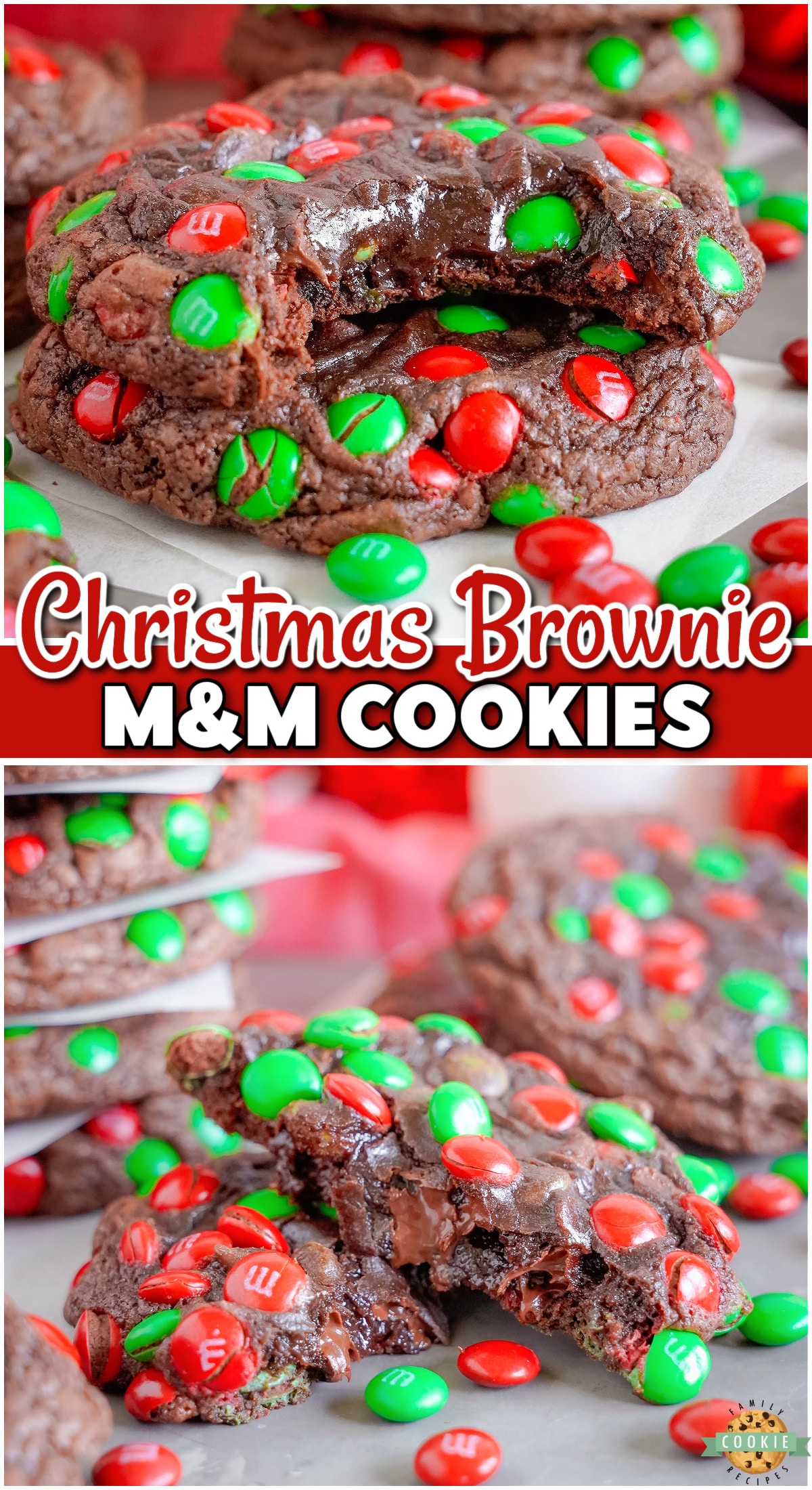 Christmas Brownie M&M Cookies are a festive twist on the classic made with a brownie mix, butter, eggs, chocolate chips and holiday candies! 