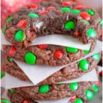 Christmas Brownie M&M Cookies are a festive twist on the classic made with a brownie mix, butter, eggs, chocolate chips and holiday candies!