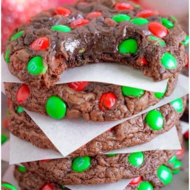 Christmas Brownie M&M Cookies are a festive twist on the classic made with a brownie mix, butter, eggs, chocolate chips and holiday candies!