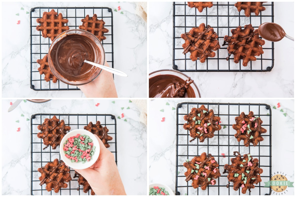 Adding chocolate drizzle and holiday sprinkles on top of the cookies. 