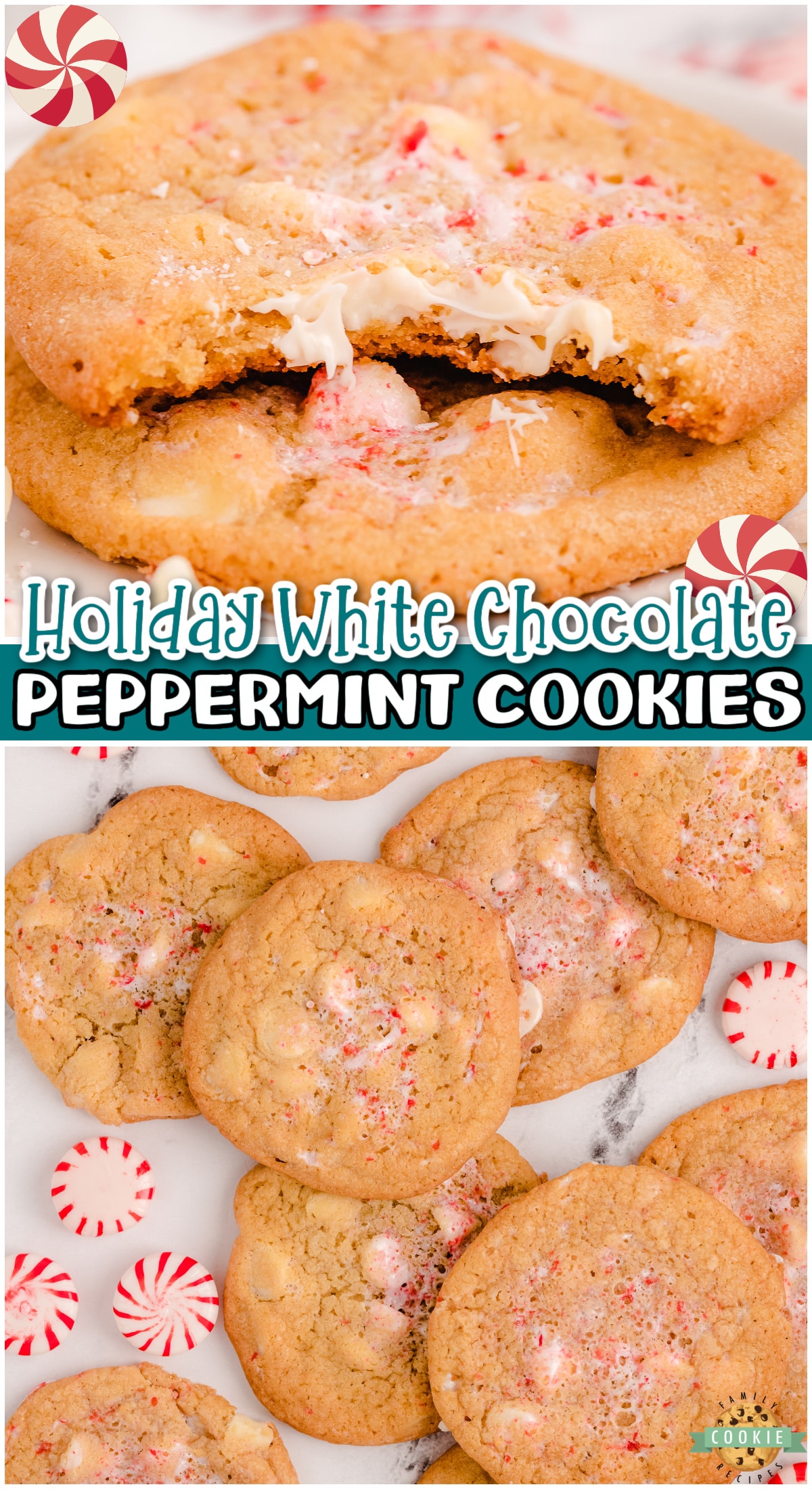 Peppermint White Chocolate Chip Cookies are chewy, buttery cookies with fantastic holiday flavor! Peppermint cookies sweetened with white chocolate chips, perfect for Santa! 