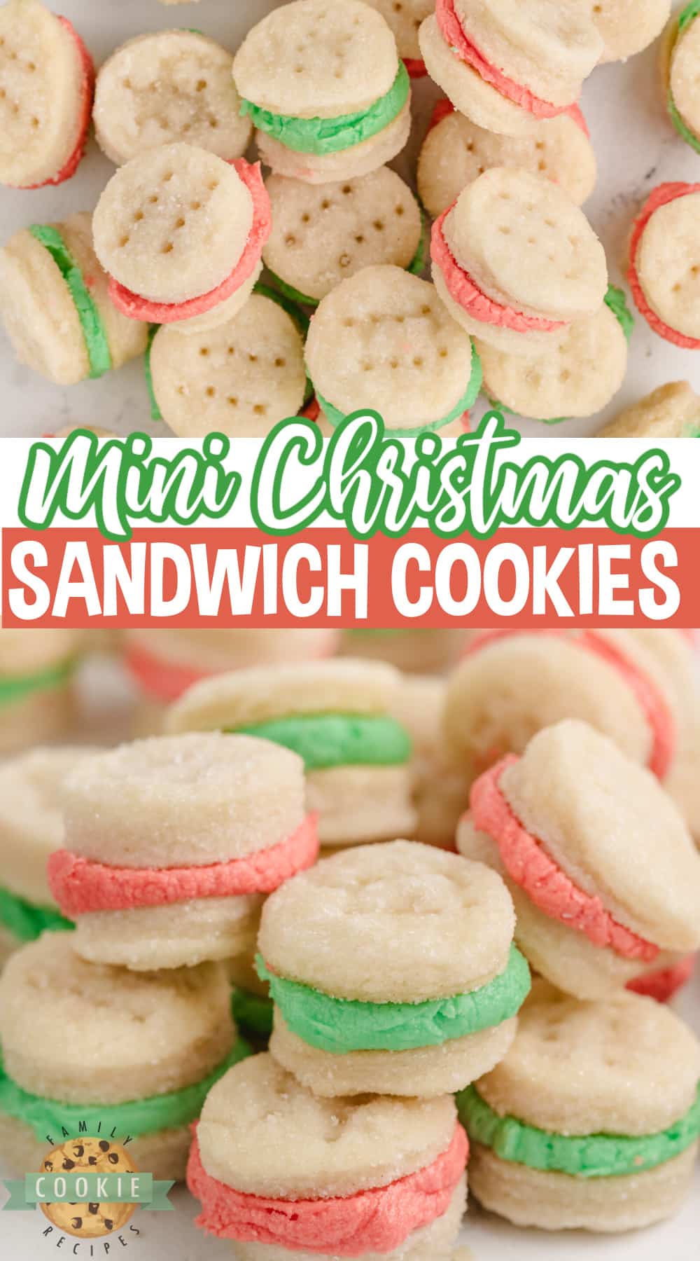 Mini Christmas Sandwich Cookies are the perfect holiday treat! These tiny shortbread cookies with a simple buttercream frosting sandwiched in between are easy to make and fun to eat.