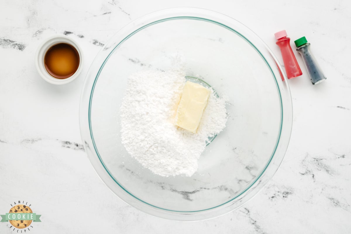 Butter and powdered sugar in a bowl. 