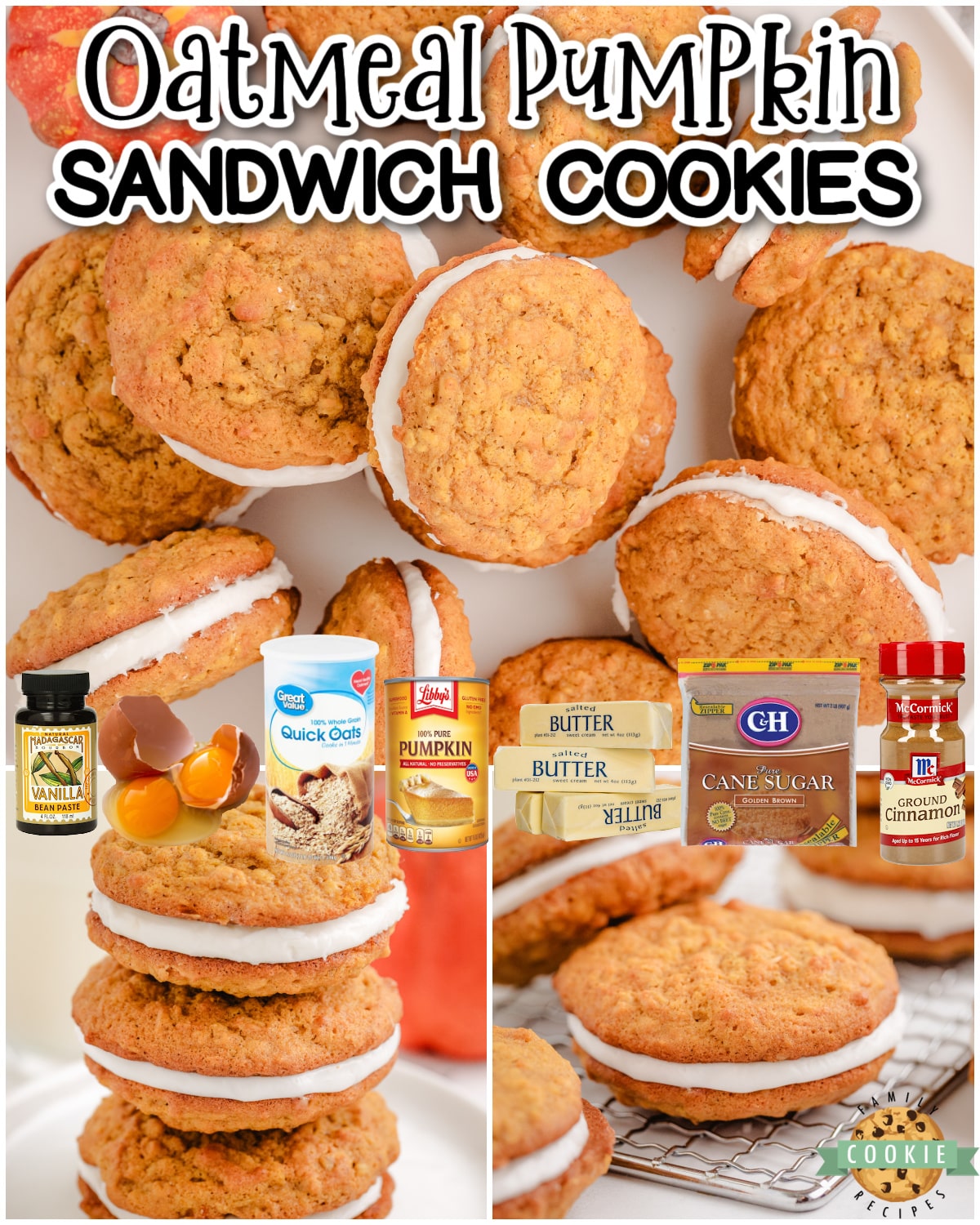 Oatmeal Pumpkin Sandwich Cookies are a tasty spiced oatmeal cookies with a buttery maple frosting sandwiched in between! These sandwich cookies have delightful fall flavors everyone loves!