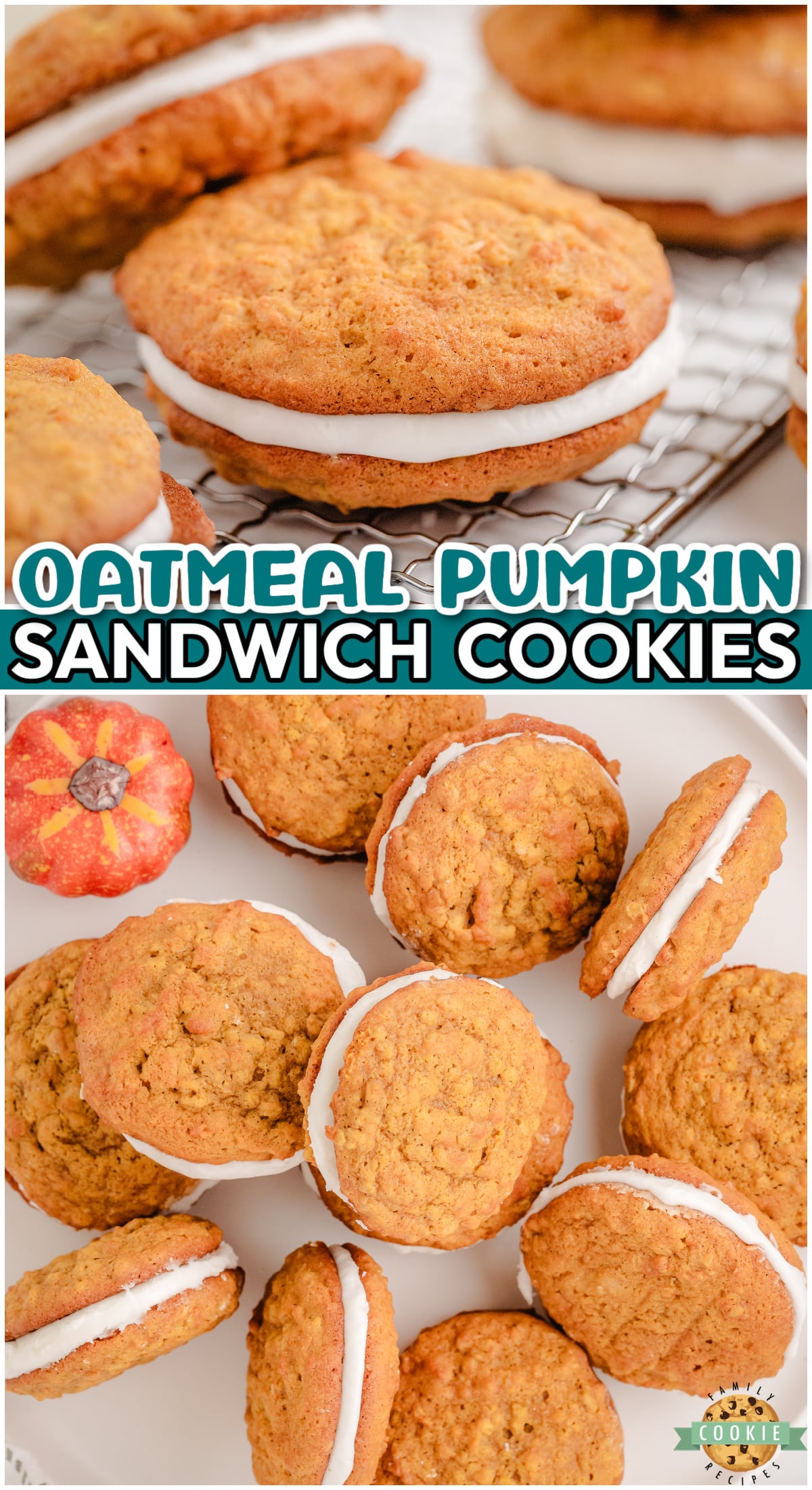 Oatmeal Pumpkin Sandwich Cookies are a tasty spiced oatmeal cookies with a buttery maple frosting sandwiched in between! These sandwich cookies have delightful fall flavors everyone loves!