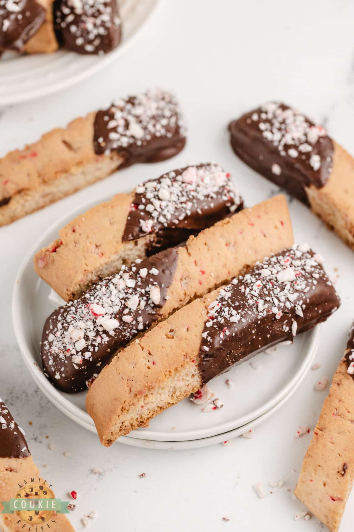 Peppermint biscotti dipped in chocolate. 