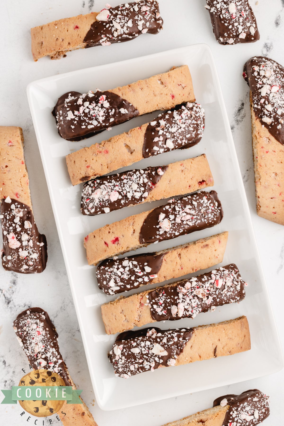 Peppermint cookies dipped in chocolate. 