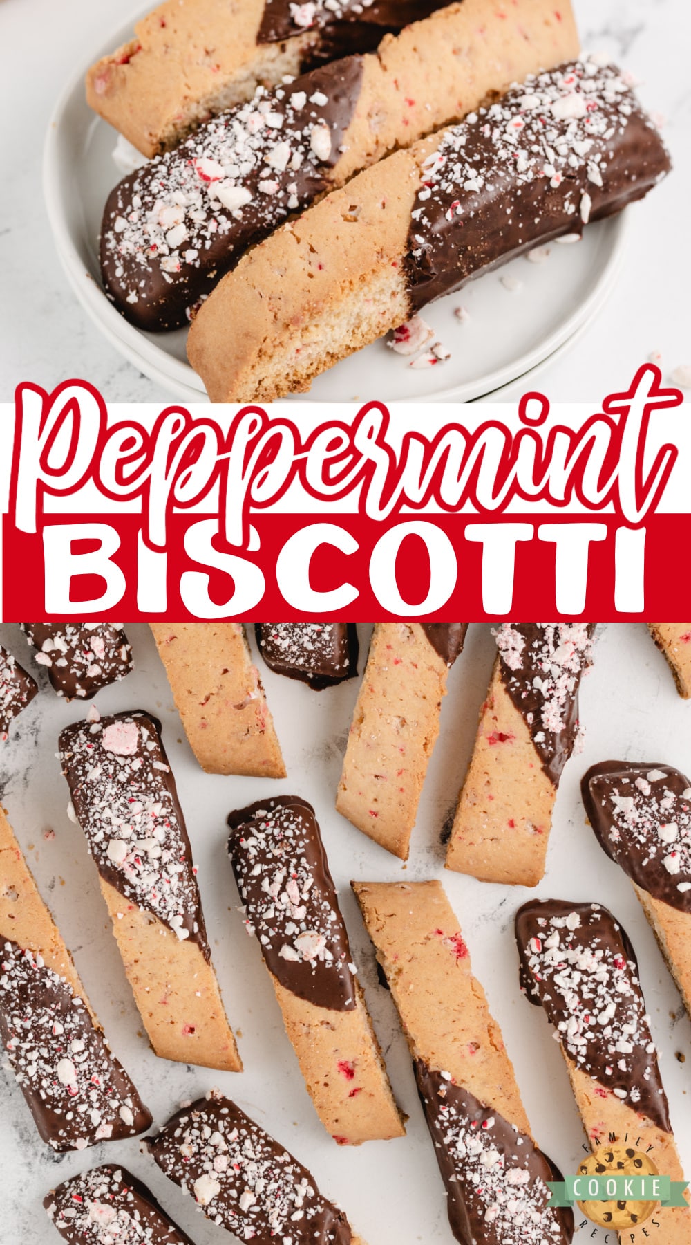 Peppermint Biscotti is made with peppermint extract and crushed peppermint candy. These biscotti cookies are decadent, pretty, and perfect for holiday cookie plates. 