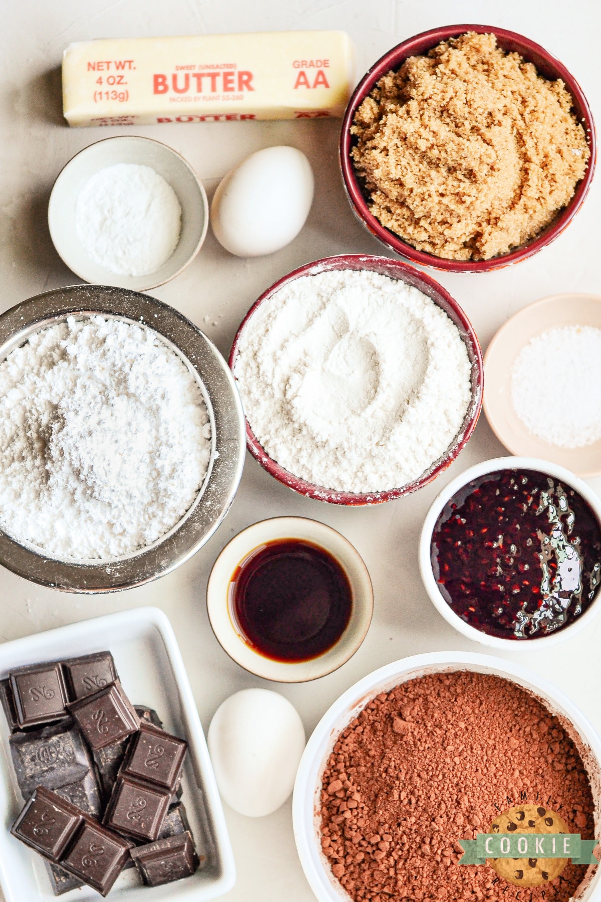 Ingredients in Raspberry Chocolate Crinkle Cookies. 