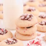 stack of chocolate peppermint thumbprint cookies