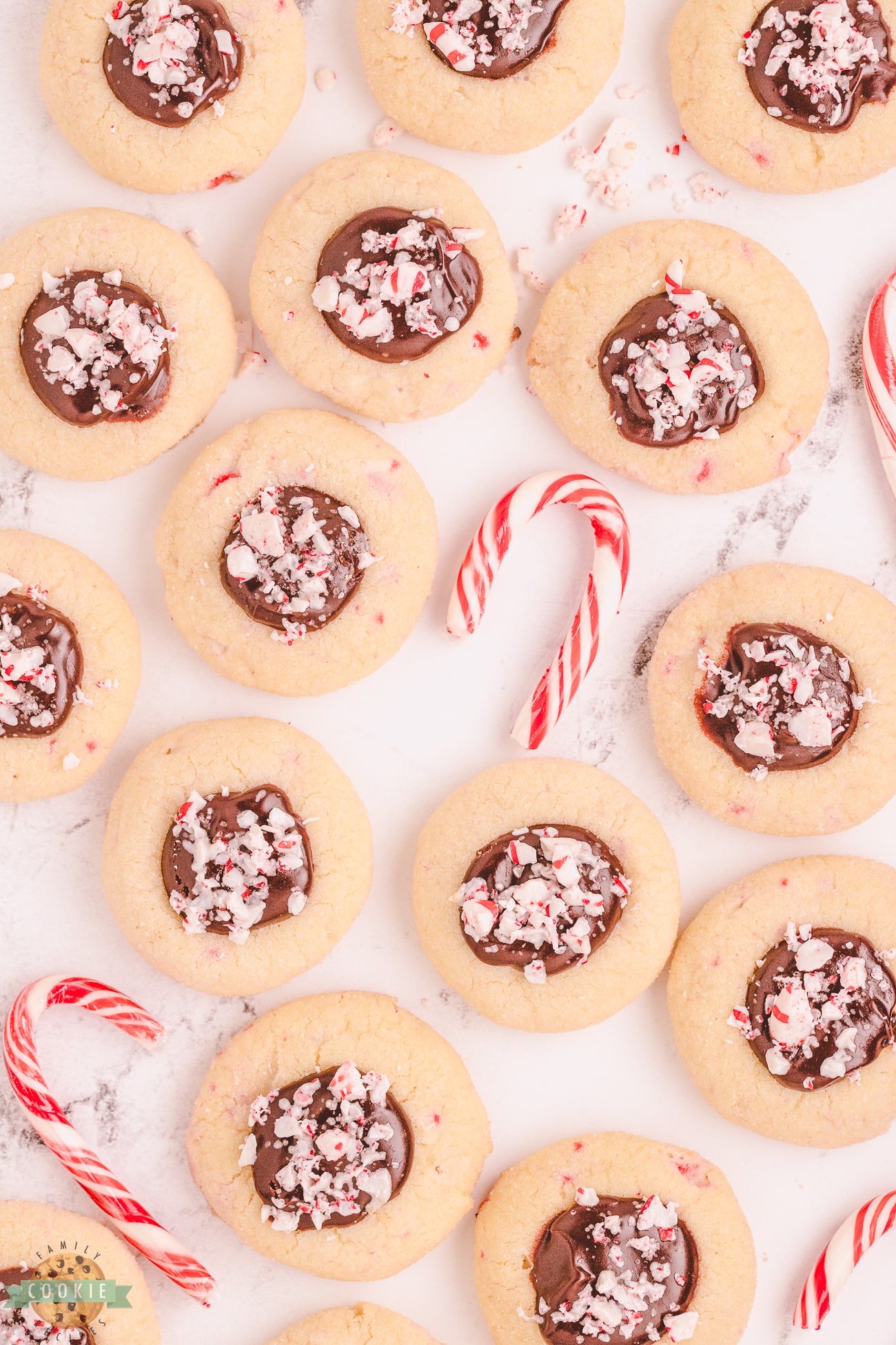 chocolate peppermint thumbprint cookies topped with crushed candy canes