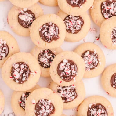 tray of peppermint chocolate thumbprint cookies