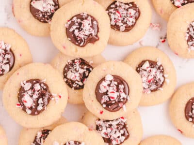 tray of peppermint chocolate thumbprint cookies