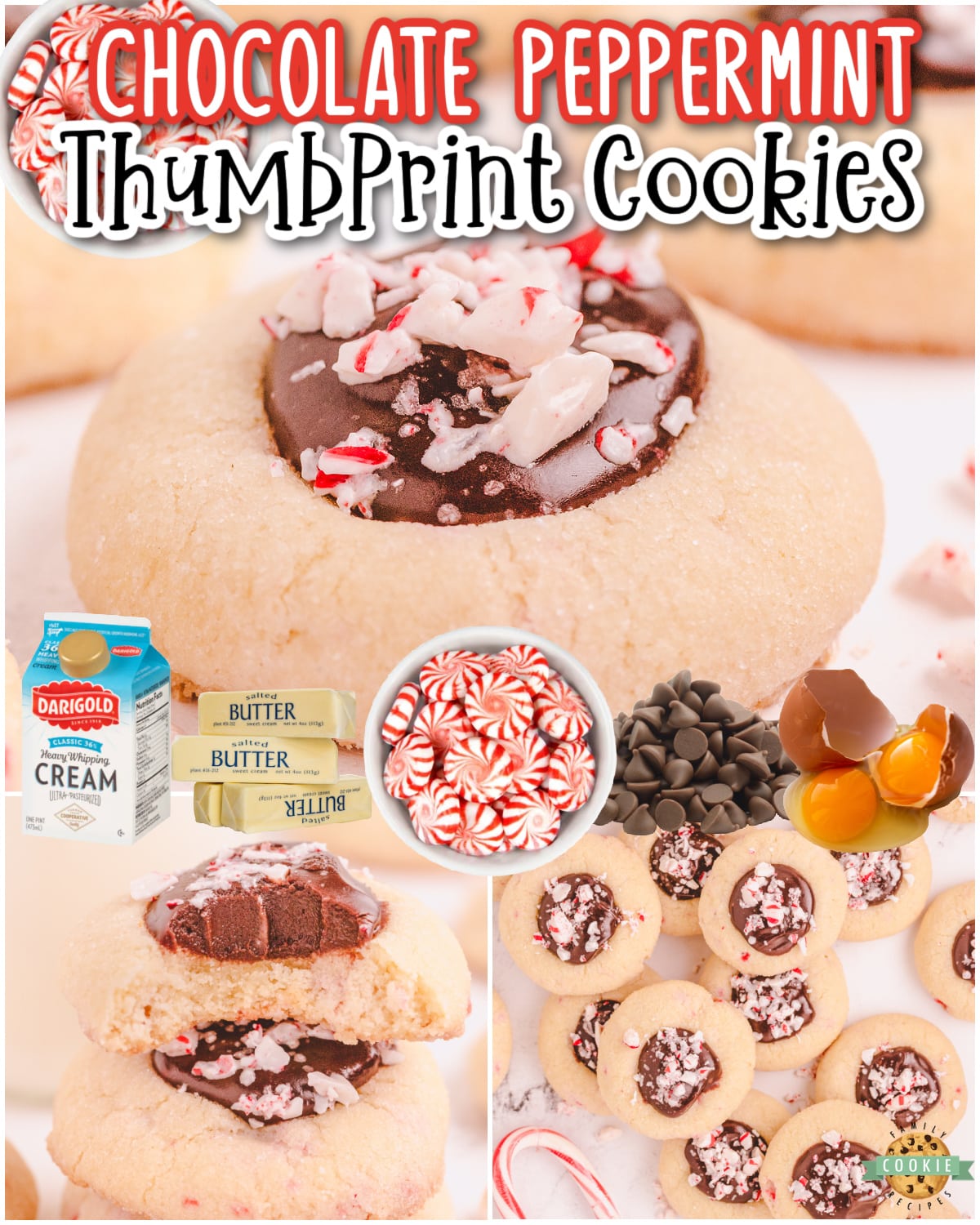 Peppermint Chocolate Thumbprint Cookies are buttery cookies dotted with crushed candy canes & topped with a pool of chocolate fudge for delightfully festive thumbprints!