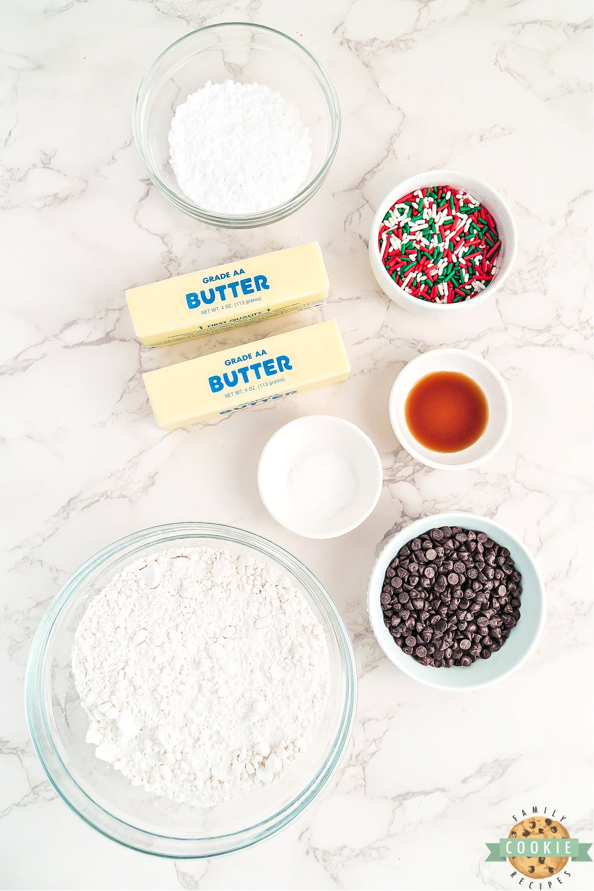 Ingredients in Christmas Snowball Cookies.