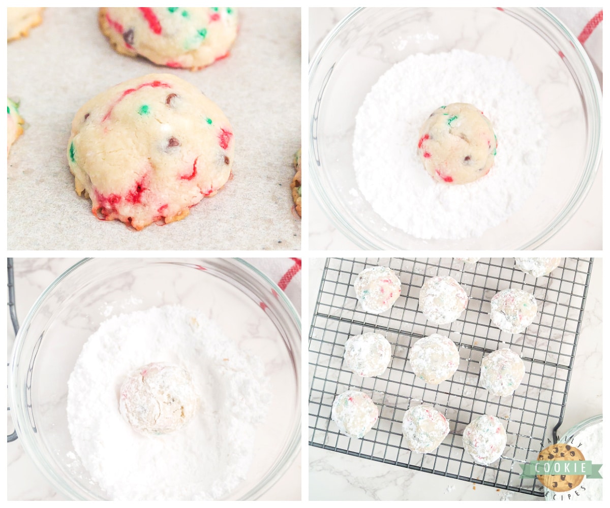 Roll baked cookies in powdered sugar. 