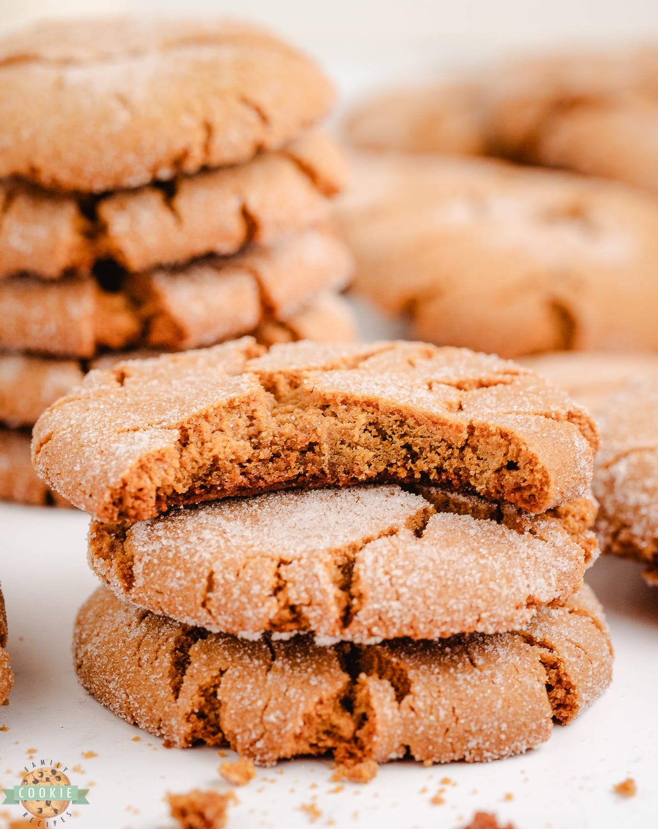 bite taken out of a molasses crackle cookie