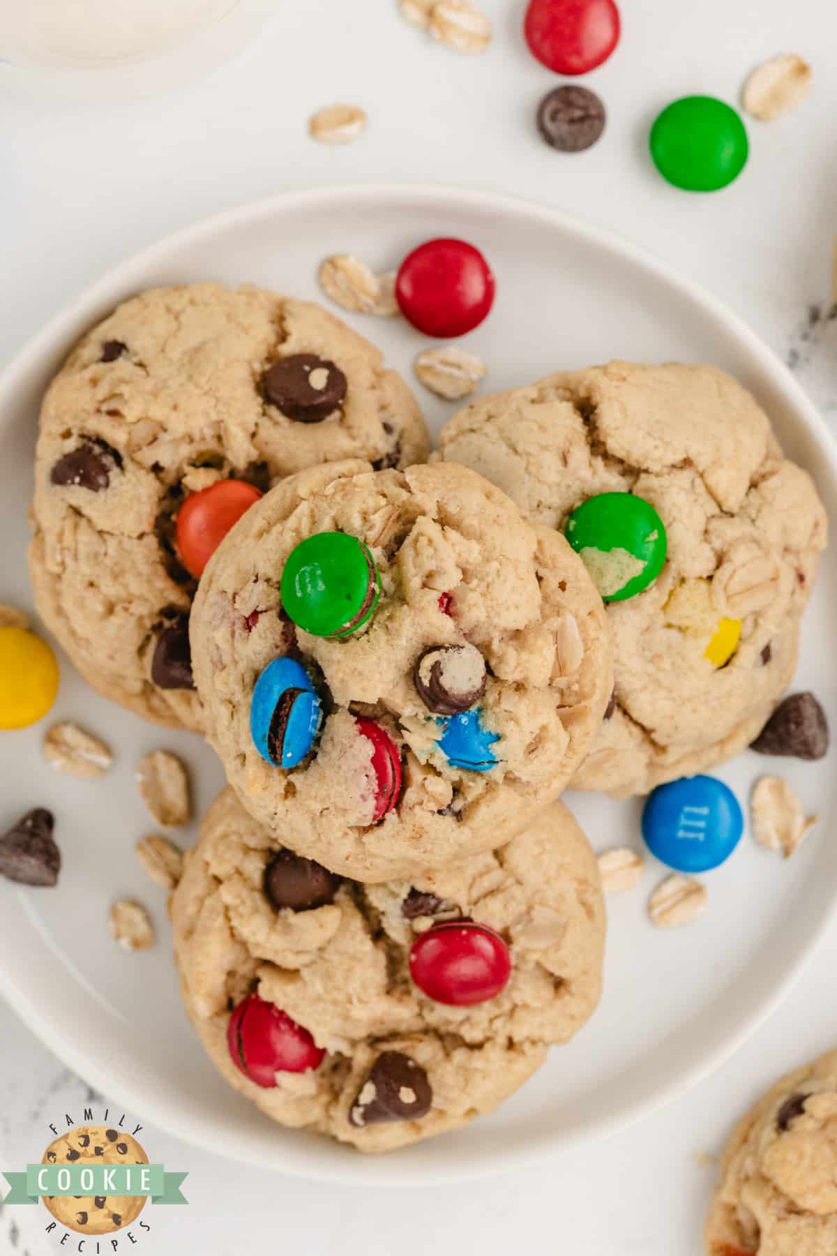 5-Ingredient Monster Cookies are made with sugar cookie dough, peanut butter, chocolate chips, M&Ms, and oats. Only 5 ingredients are needed to make these deliciously easy cookies! 