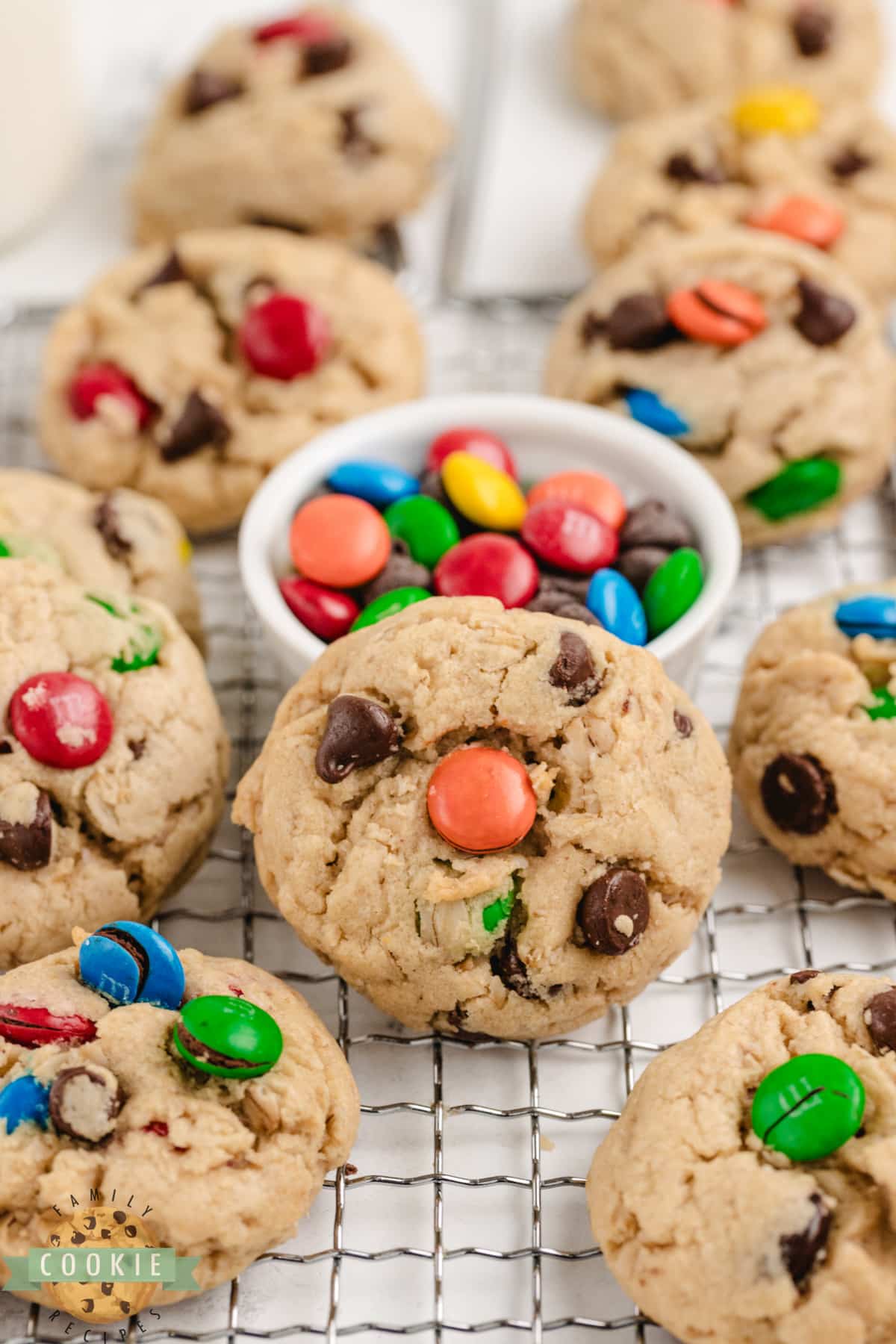 5-Ingredient Monster Cookies are made with sugar cookie dough, peanut butter, chocolate chips, M&Ms, and oats. Only 5 ingredients are needed to make these deliciously easy cookies! 